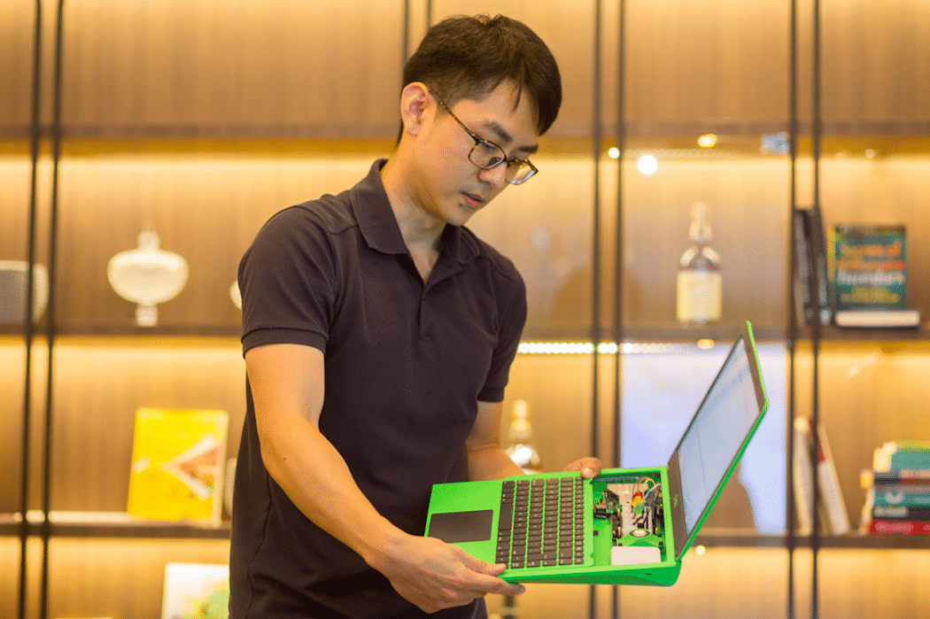 Justin showing off the pi-top during a recent team meeting